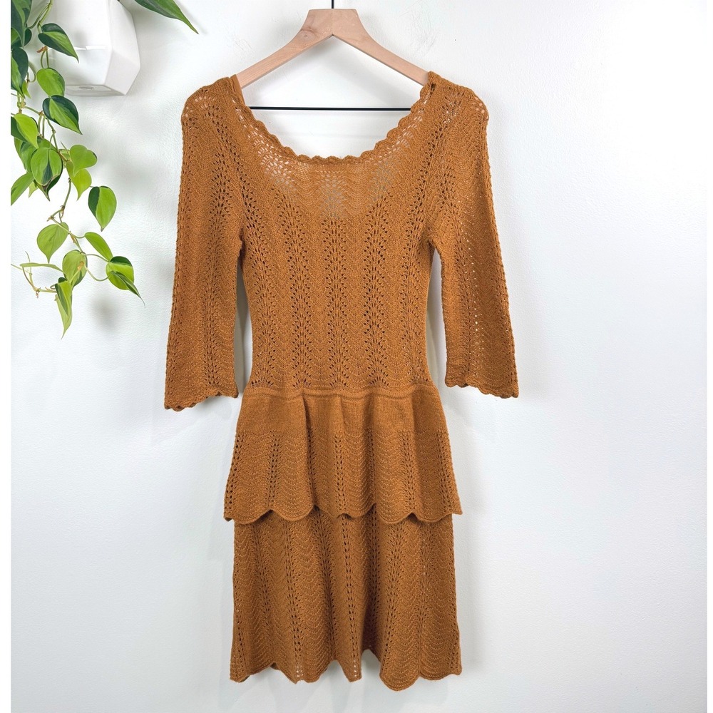 Knitted & Knotted Anthropologie Rust Orange Crochet Wool Angora Ruffle Dress S